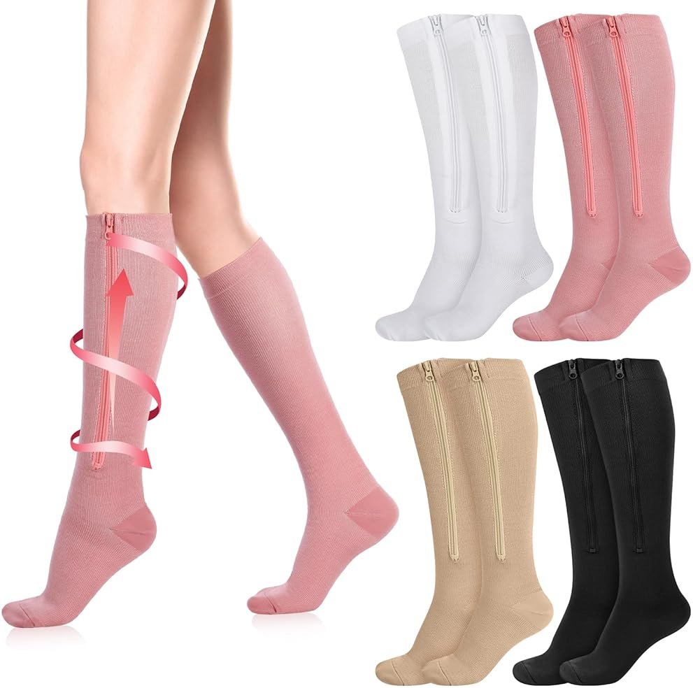 Tarpop 4 Pairs Women Zipper Compression Sock Colorful 20-30mmhg Compression Stockings with Zipper for Women Swelling Edema - Product Image