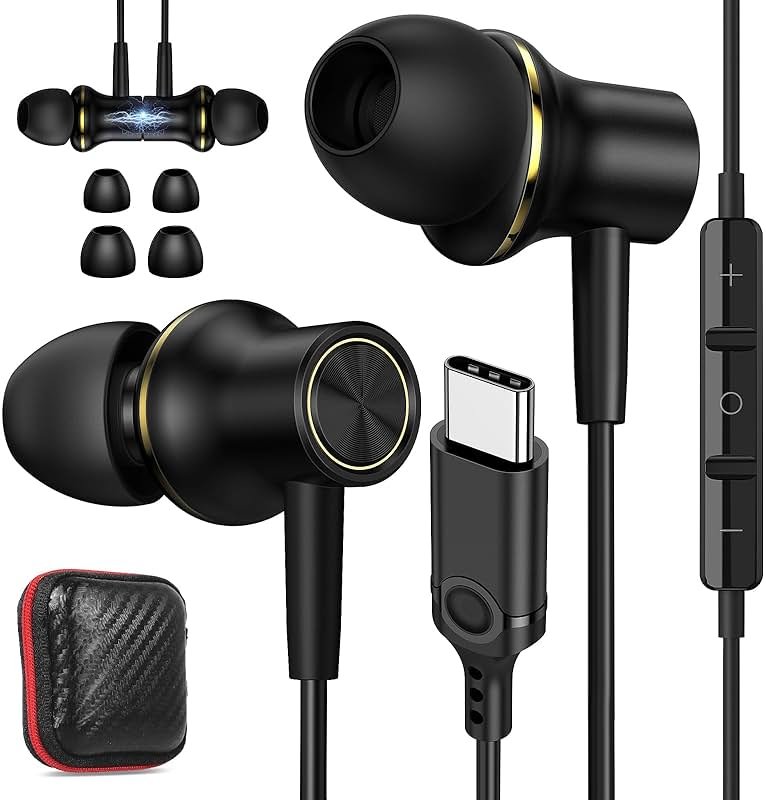 ASKUBSKU USB C Earbud for iPhone 17 Air 16 Pro Max Plus/iPad, Black Gold | Type C Earphones with Mic Stereo Magnetic Cord Wired Headphones for Samsung S26 S25 Ultra S24+ S23 Flip/Pixel 10 9 8 - Product Image