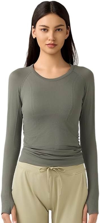LUYAA Women's Long Sleeve Gym Shirts Yoga Sports Running Seamless Breathable Gym Athletic Top Slim Fit M Gray Green - Product Image