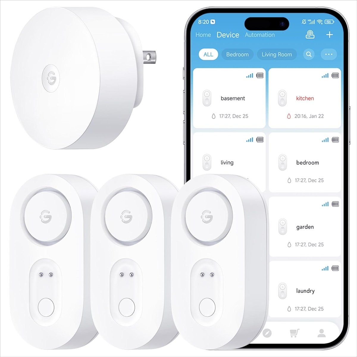 GoveeLife Upgraded Smart Water Leak Detector 1s with 1804 ft Ultra-Long Range, WiFi Water Sensor with SMS/Email/APP Push and Sound Alarm, 5-Year Battery Life, Suit for Home, Basement, Kitchen, 3 Pack - Product Image
