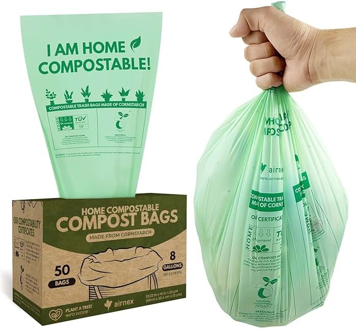 AIRNEX Compostable Kitchen Trash Bags 8 Gal - Cornstrarch Leakproof & Tear Resistant 50 Compost Bags - OK Compost Home & Seedling Certified 0.22 mm Kitchen Garbage Bags - Product Image