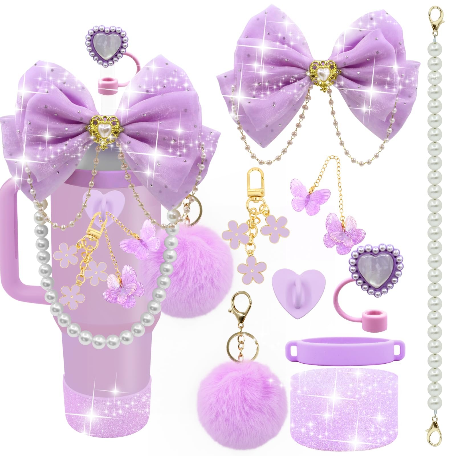 LBU Bling Stanley Cup Accessories for 40/30/20 oz Tumbler with Handle Including Glitter Bow Straw Topper, Heart Straw Cover, Pearl Water Bottle Handle Strap, Boot, Pom-Pom, Keychain Charms(Purple) - Product Image