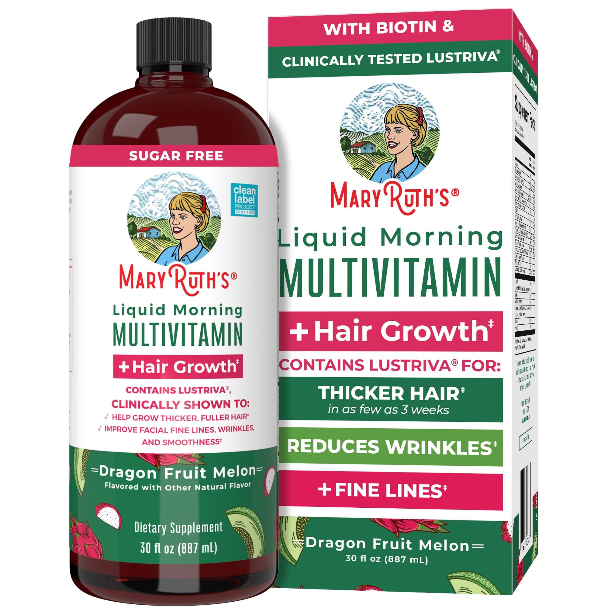 MARYRUTH'S Liquid Multivitamin + Hair Growth | Clinically Tested in Women for Thicker Hair & Facial Wrinkles | Biotin 10000mcg | Lustriva Hair Growth Supplements | Skin Care | Ages 18+ | 30 Fl Oz - Product Image