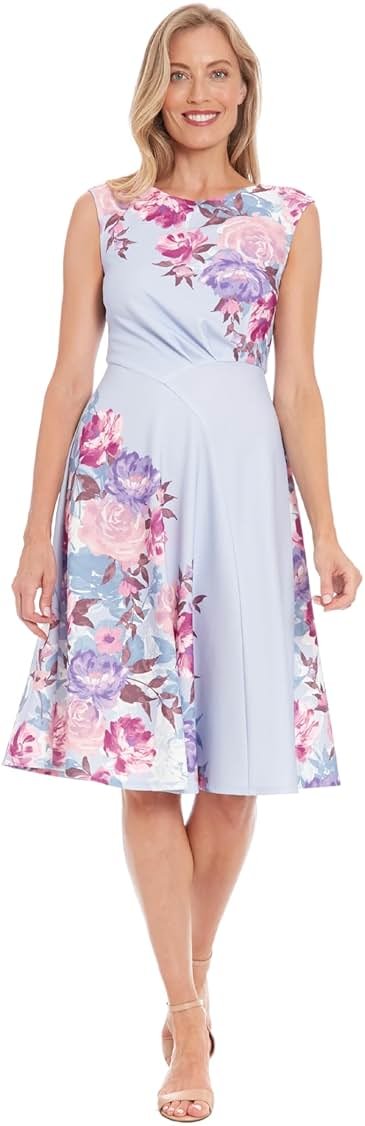 London Times Women's Women's Fit & Flare Midi Dress with Cap Sleeves - Stretchy Formal Fabric - Special Occasion Wedding Guest Dress - Product Image