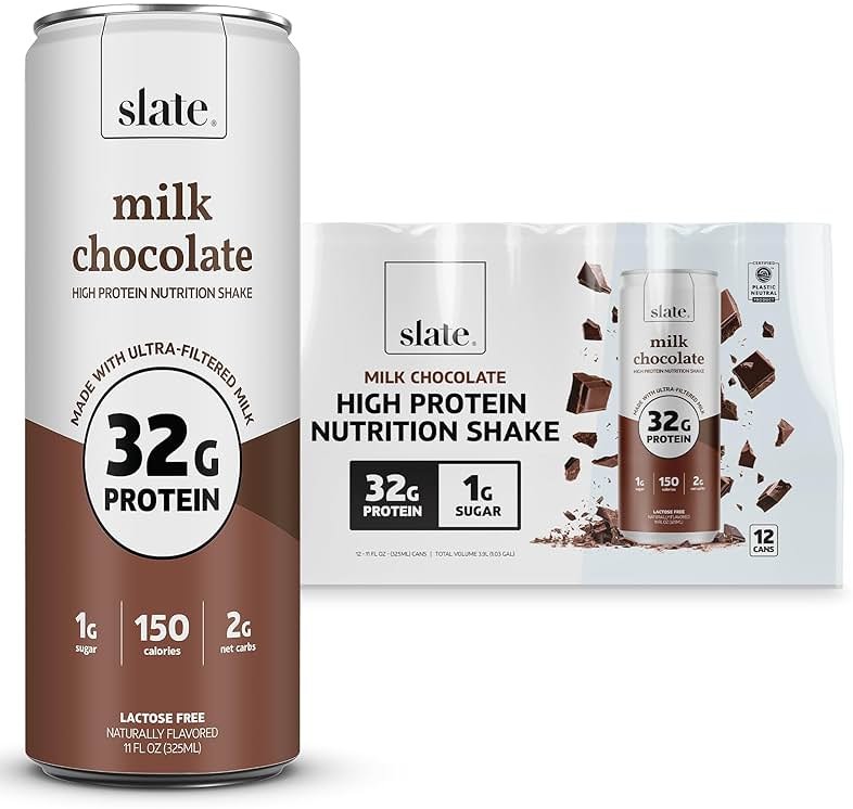 Slate Milk - High Protein Nutrition Shake - Milk Chocolate - 32g Protein, 1g Sugar, 150 Calories, 2g Net Carbs - Lactose Free - No Added Sugar - Breakfast Boost, Post Workout - 11 fl oz, 12 Cans - Product Image