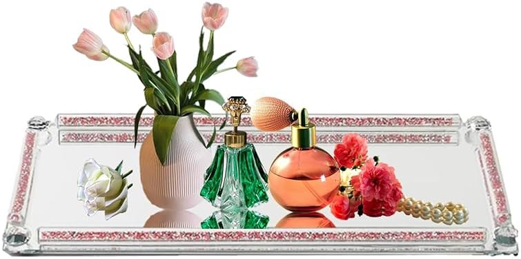 Crystal Mirror Tray, Crystal Glass Perfume Tray for Dresser Cosmetic Trinket Jewelry Vanity Trays for Display Crushed Diamond Home Decor Serving Trays for Bathroom Countertop Organizer (Rose Red) - Product Image