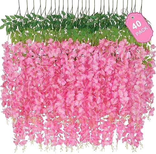 40 Pack Wisteria Hanging Flowers,Hanging Flowers,Fake Wisteria, Hanging Flowers for Decoration,Artificial Flowers,Vines for Bedroom, Wisteria for Wedding Decorations for Home Party(3.6 Ft/Pcs, Pink) - Product Image
