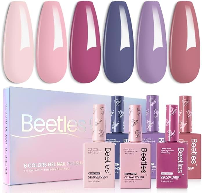 Beetles Hema-Free Gel Polish Set - 6 Colors 15ml Full Size Baby Pink Purple Gel Nude Pink Summer Colors Gel Polish Kit Soak Off Uv LED Nail Lamp DIY Home Manicure Salon Serene Afternoon - Product Image