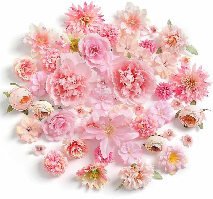 YiYunFloral Artificial Flowers Heads Combo Pink Flowers Mix Silk Flowers Heads Faux Rose Bulk for Craft Garland Graduation Cap Wedding Bridal Baby Shower Home Party Decoration DIY Cake Decor - Product Image