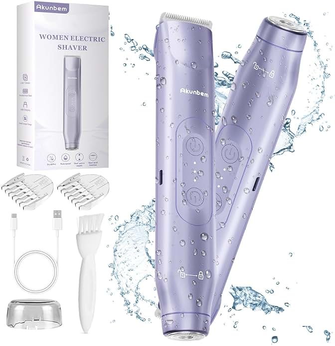 Akunbem Bikini Trimmer for Women - 2 in 1 Electric Razors for Women - Dual Head Electric Shaver - IPX7 Waterproof Wet & Dry Use Body Hair Trimmer and Facial Hair Remover for Bikini Underarm Leg Arm - Product Image