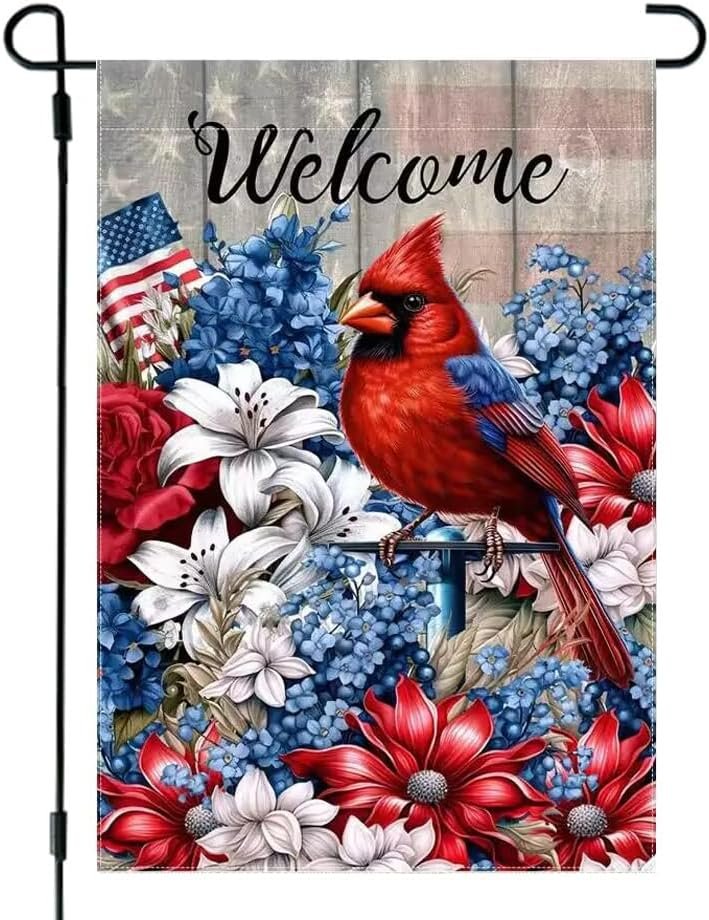 JIGINOFV 4th of July Garden Flags 12x18 Inch Double Sided Outside | Small Burlap Patriotic Welcome Cardinal Outdoor Yard Flags Fourth of July Decorations Memorial Day Farmhouse Porch Lawn Decor - Product Image