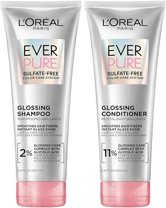 L’Oreal Paris Sulfate Free Glossing Shampoo and Conditioner Set with Glycolic Acid, Provides Intense Glass Shine & Smoothness, Suitable for Dull, Dry, and Color-Treated Hair, EverPure, 13.6 Fl Oz Set - Product Image