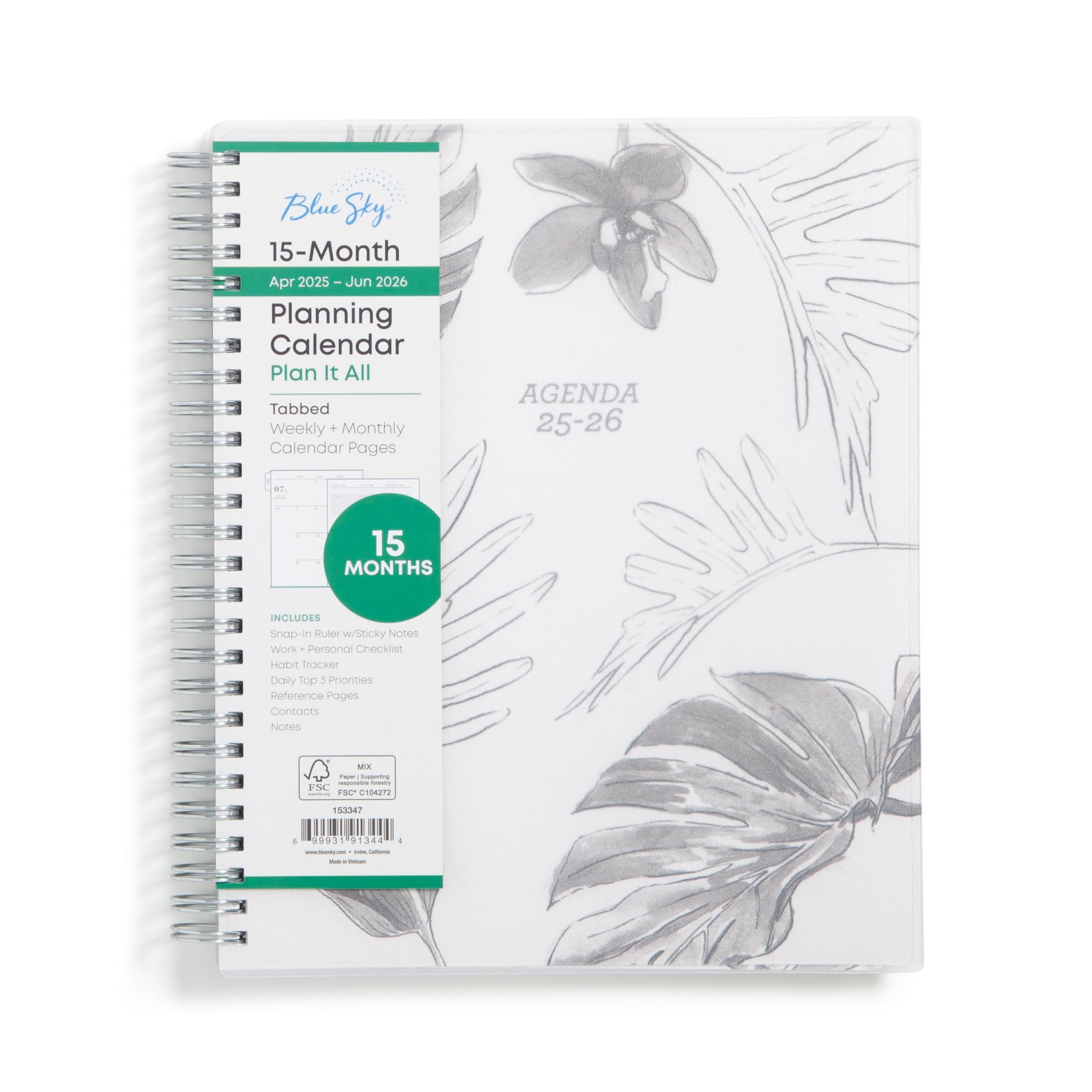 Blue Sky 15 Month 2025-2026 Weekly and Monthly Academic Year Planner Calendar, April 2025 - June 2026, 7" x 9", Flexible Cover, Wirebound, Laminated Tabs, Includes Ruler & Sticky Notes, Tropical - Product Image
