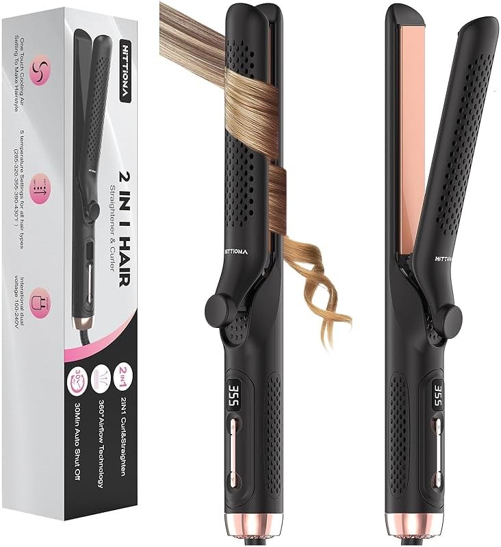 360° Airflow Styler Curling Iron - 1.25 Inch Hair Straightener and Curler 2 in 1 with Vented Cool Air to Lock in Style, Extra Long Flat Iron Curling Wand, 5 Temps & Dual Voltage for Travel - Product Image