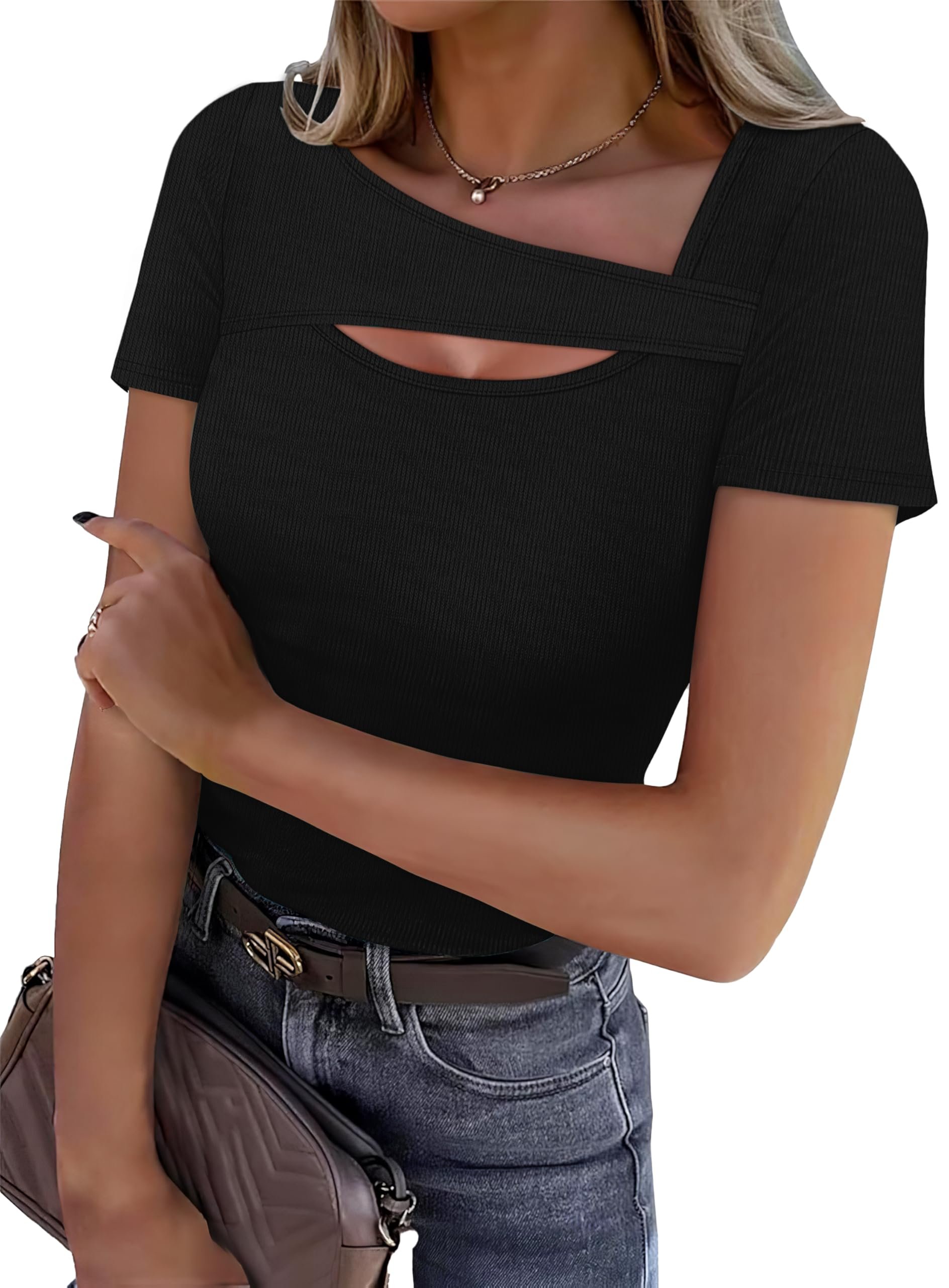XIEERDUO Womens Summer Tops Short Sleeve Shirts for Women Sexy Tops Y2K Shirts One Piece Cutout Tops - Product Image