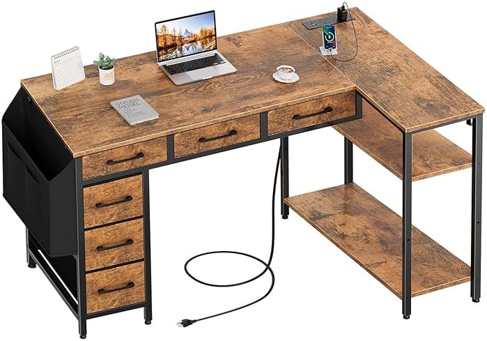 Lufeiya L Shaped Computer Desk with Drawers - 48 Inch Office Desk with Shelves Storage, Reversible Corner PC Desks with Power Outlet for Home Office, Bed Room, Writing Workstation, Brown - Product Image