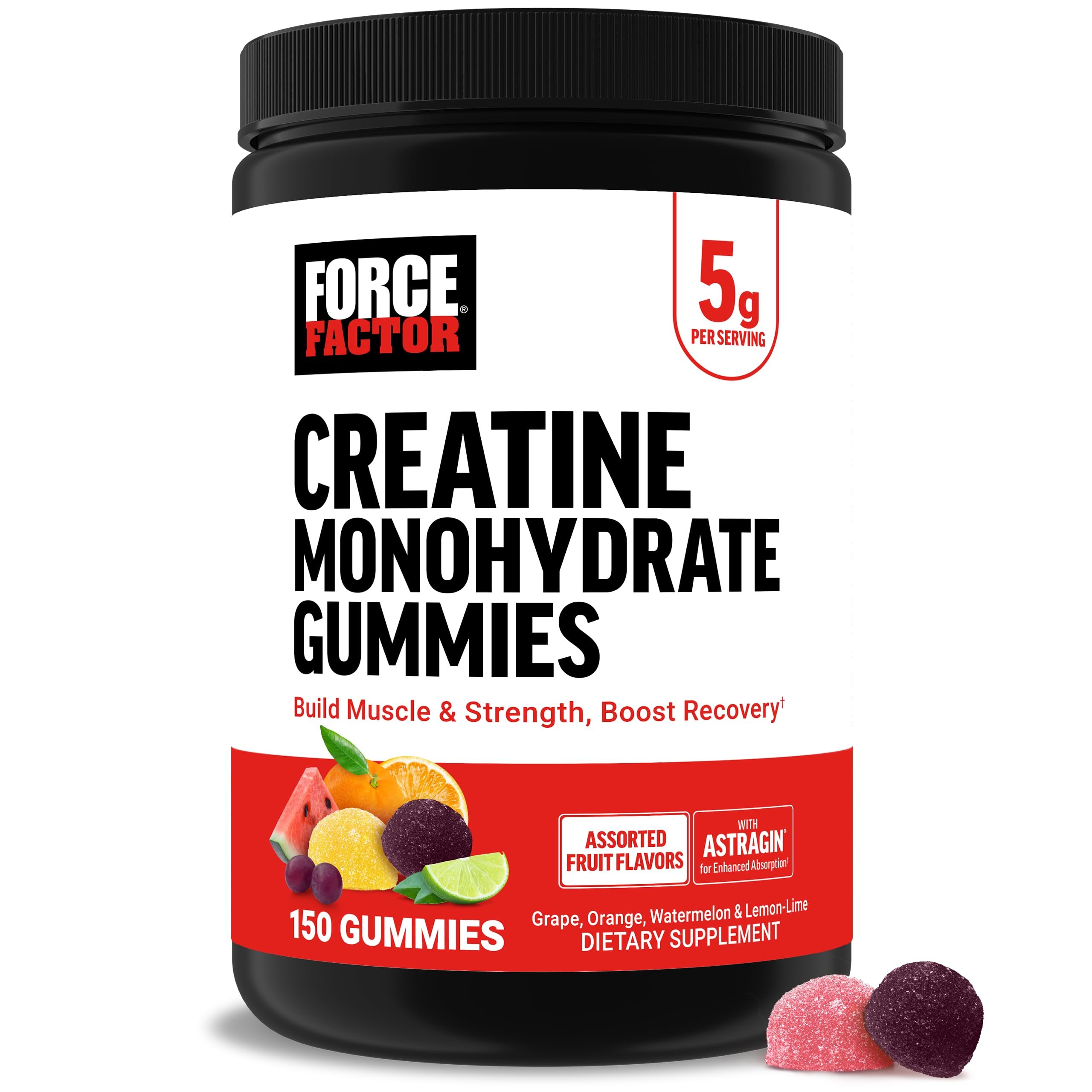 Force Factor Creatine Monohydrate Gummies, NSF Certified, 5g Dose for Men & Women to Support Muscle, Strength, Recovery, Cognitive Health & Memory, Assorted Fruit Flavors, 150 Gummies - Product Image
