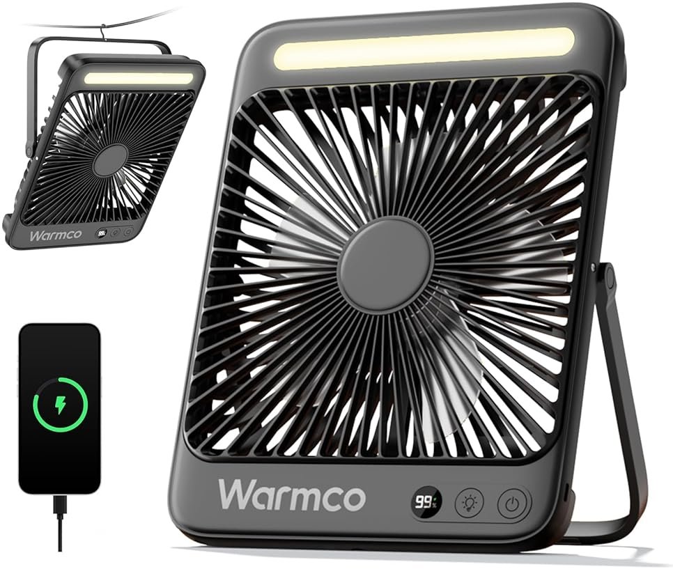 Warmco 20000mAh Battery Powered Fan, Ultra-Slim 8-Inch Portable Camping Fan with LED Lantern, Up to 48H Runtime Rechargeable Desk Fan for Bedroom, Outdoor, Tent, Travel, Cruise Ship Essentials - Product Image
