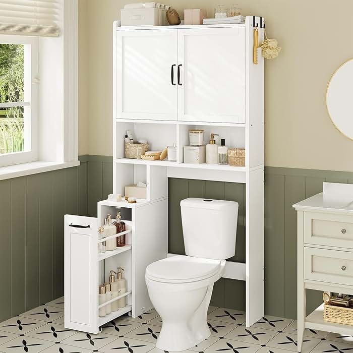 UPOSOJA Over The Toilet Storage Cabinet with Pulley Small Bathroom Storage Cabinet, Space Saver W/Adjustable Shelf & Open Shelf for Bathroom, Restroom, Laundry (White) - Product Image