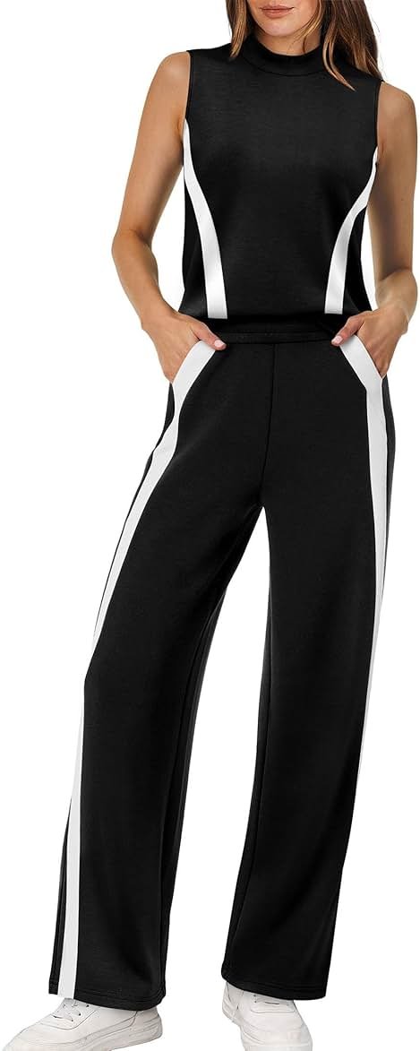 XIEERDUO Two Piece Sets for Women Summer Outfits Travel Mock Neck Lounge Sets Wide Leg Pants Beach Vacation Clothes - Product Image