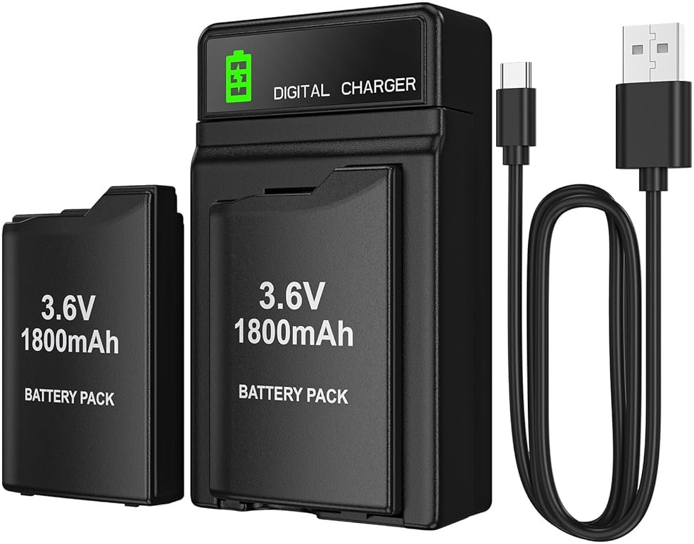 BSSING PSP Battery and Charger, 2Pcs 1800mAh 3.6v Lithium Polymer Replacement Rechargeable Batteries with LED Charging Station for PSP 1000 1001, PSP-110, PSP Fat Console - Product Image
