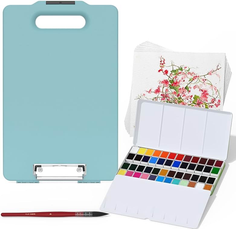MEI LIANG Travel Watercolor Paint Set, Watercolor Set Includes 48 Colors Solid Watercolors + 7.5x7.5 inch 50% Cotton Watercolor Paper(20 Sheets) + 1 Watercolor Brush + Green Handheld Organizer - Product Image
