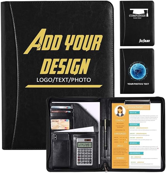Personalized Zippered Padfolio with Custom Logo/Text/Photo - Leather Planner Binder and Portfolio Folder for Documents - A4/Letter Size with Business Card Holder for Men & Women (Black) - Product Image