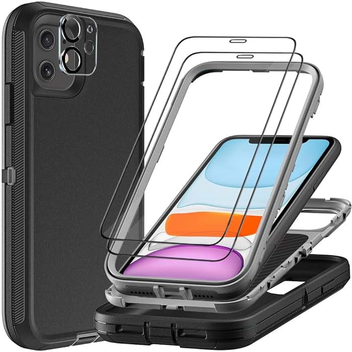 TFDSEUGH for iPhone 11 Case with 2Pcs Tempered Glass Screen Protector and 1Pcs Camera Lens Protector, Military Grade 3 in 1 Heavy Duty Shockproof/Drop Proof/Dust Proof Case (Black/Grey) - Product Image