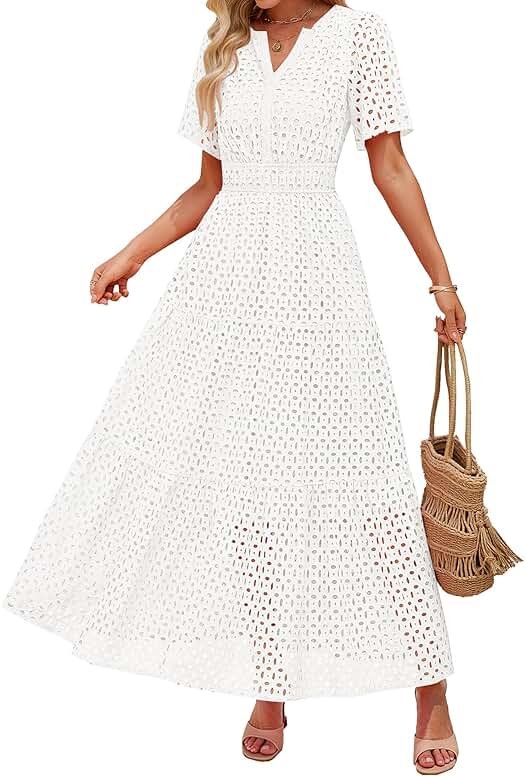 ZESICA Summer Dresses for Women 2026 Casual V Neck Short Sleeve Eyelet A Line Beach Vacation Long Maxi Dresses - Product Image