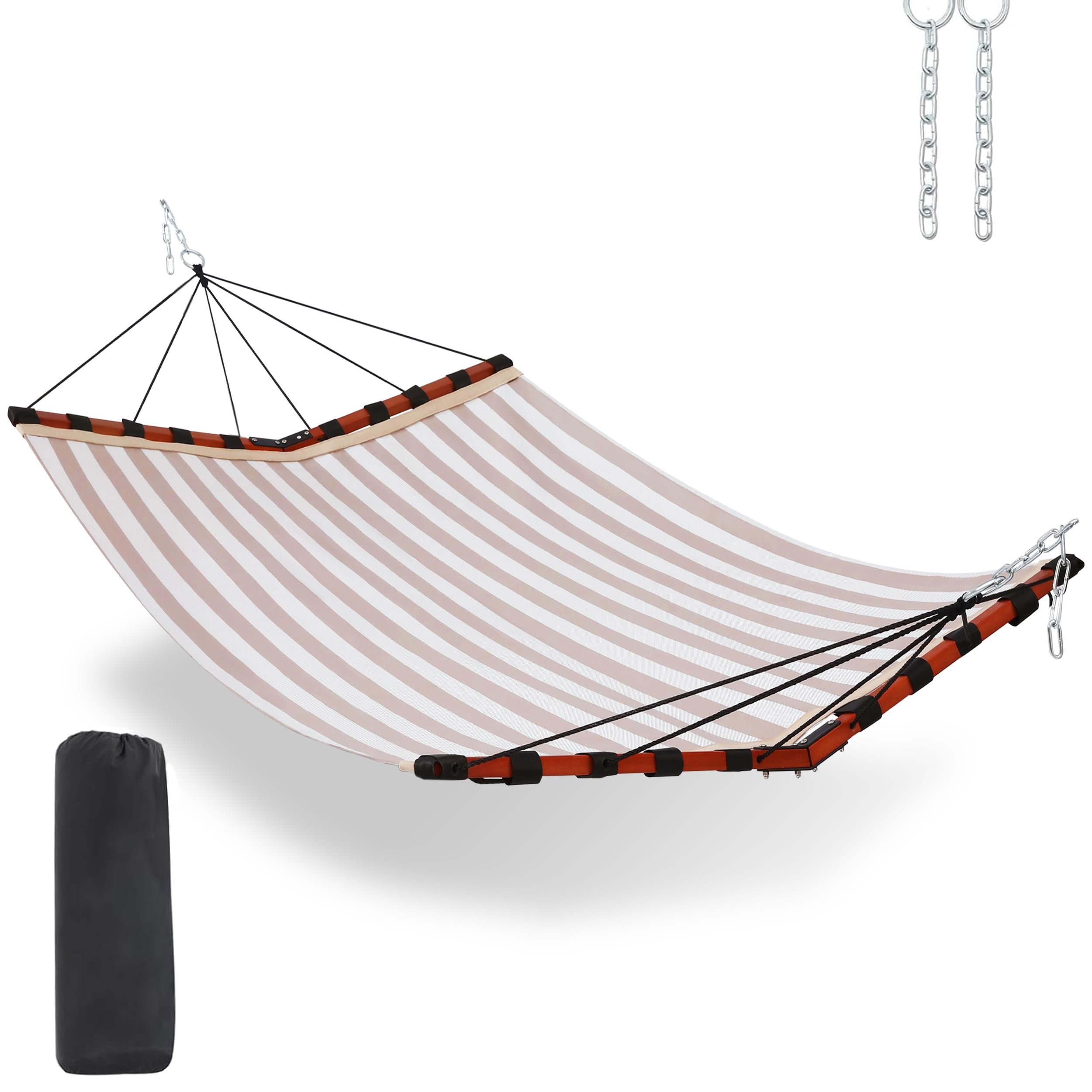 TegerDeger 12FT 2 Person Hammock Large Hammock Quick Dry 450LB Capacity with V Shaped Hardwood Spreader Bar & Nylon Rope for Outside, Patio, Garden, Backyard, Beach, Poolside - Beige Stripes - Product Image