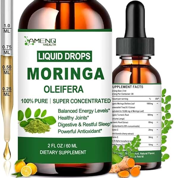 Pure Moringa Oleifera Liquid Drops, Organic Moringa Leaf Extract w. Turmeric, Black Pepper, Moringa Supplement for Energy Metabolism Immune Skin Joint & Gut, 6X Stronger Than Moringa Capsules Powder - Product Image