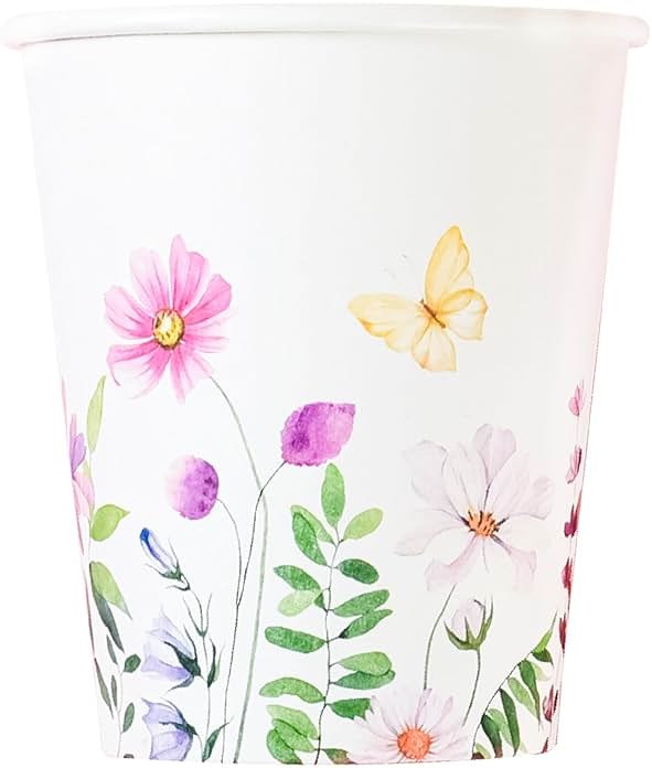 Elyxio 100Pcs Wildflowers Butterfly Disposable Party Paper Cups 9oz | Spring Summer Floral Hot Cold Beverage Drinking Cups for Bridal Wedding Shower Shower Party Supplies - Product Image