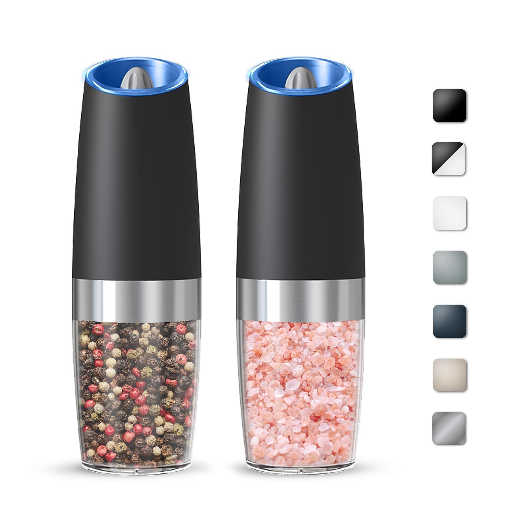 KIARYUOLL Gravity Electric Salt And Pepper Grinder Set, Automatic Salt And Pepper Grinder Set, Battery Powered (6 AAA Batteries Each), Adjustable Roughness, LED Light, 2 Pack, (Black) - Product Image