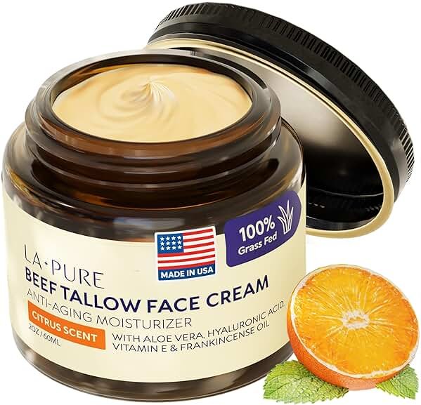 LA PURE Beef Tallow for Skin, Grass-Fed Tallow Face Cream with Aloe Vera, Hyaluronic Acid, Frankincense & Vitamin E to Hydrate, Firm, and Smooth Skin, Non-Greasy Moisturizer, Citrus Scent, 2 oz - Product Image