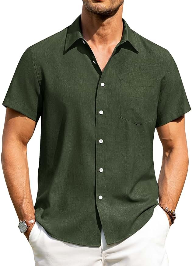 Alimens & Gentle Mens Linen Shirts Short Sleeve Button Down Shirts Wrinkle Free Casual Vacation Beach Summer Tops - Product Image