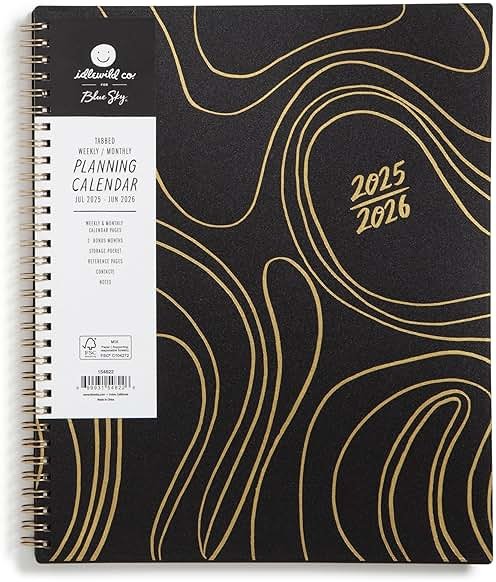 Blue Sky Idlewild 2025-2026 Weekly and Monthly Academic Year Planner Calendar, July 2025 - June 2026, 8.5" x 11", Flexible Cover, Wirebound, Laminated Tabs, Storage Pocket, Black Swirl - Product Image