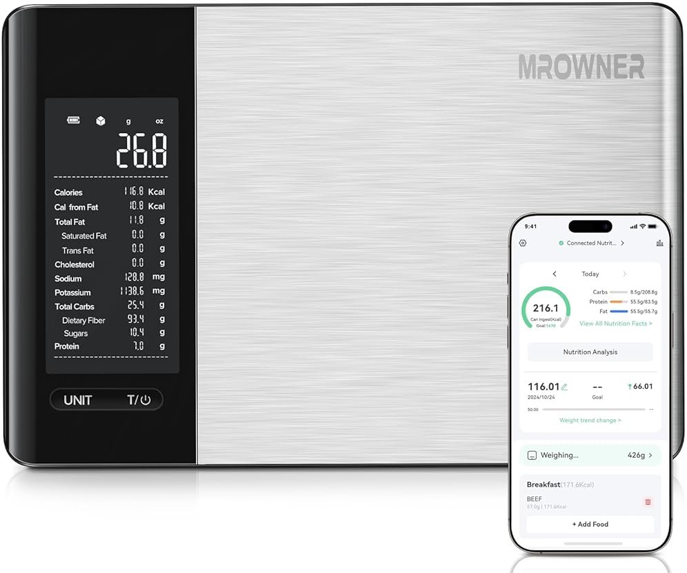MrOwner Smart Food Kitchen Scale with Nutritional Calculator, Free App with 19 Nutrients Tracking, Calorie, Marco, Digital Weight Grams and Ounces for Weight Loss, Premium Stainless Steel, 22lb - Product Image