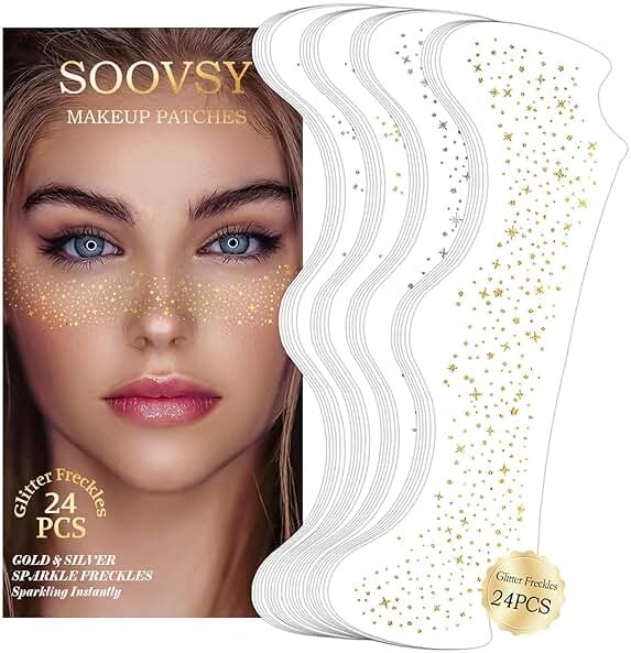 24pcs Gold and Silver Glitter Freckles Face Tattoo, Sparkle Freckles Temporary Face Tattoos, Face Glitter Makeup Patches for Women, Waterproof Makeup Accessories for Mardi Gras Festival - Product Image