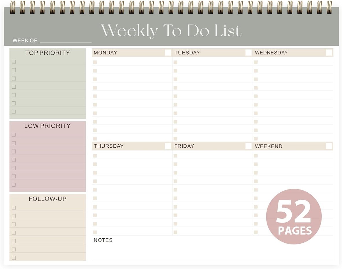 Weekly To Do List Notepad, Undated Planner with 52 Sheets (8.5''x11''), Desk Weekly Planner for Women & Man, Home School & Work - Product Image