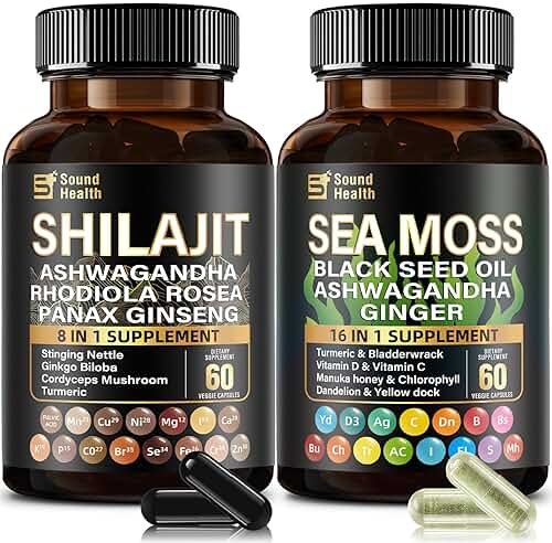 Irish Sea Moss & Shilajit Bundle for Natural Energy, Sleep Support & Hair Growth, Made with Black Seed Oil, Ashwagandha, Ginger, Rhodiola Rosea, Vitamins C & D, for Man & Women, All-in-1 Supplement - Product Image