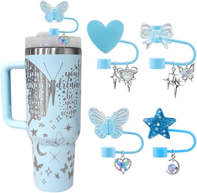 SEMATA 4 PCS Silicone Straw Cover for Stanley Cup Cute Blue Glitter Star Heart Bow Butterfly Straw Toppers for Stanley Cups 30&40 Oz Straws Cover Cap for Tumblers Cup Accessories - Product Image