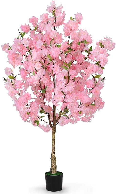 OUSHENG Artificial Cherry Blossom Tree, Fake Plants Indoor Decor, Faux Pink Sakura Flowers for Living Room Home House Entryway Bedroom Office Inside Decorations, 4FT - Product Image