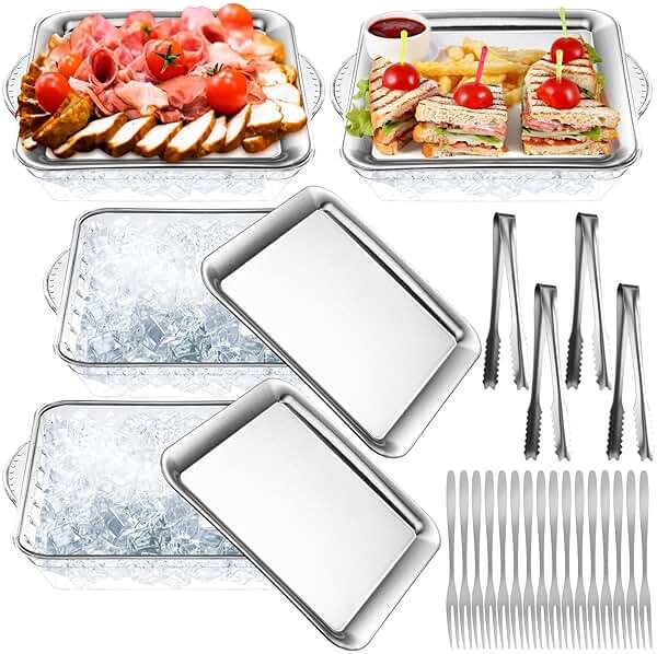 Baderke 4 Set 9" Chilled Serving Tray for Parties with Compartments Ice Chilled Party Platter Charcuterie Serving Board Cold Dish Dip with Forks Tongs for Fruit Seafood Vegetable Appetizer(Silver) - Product Image