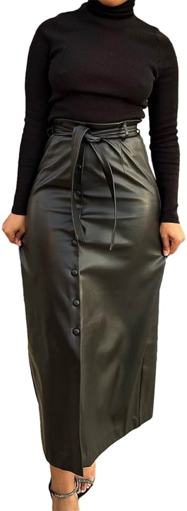 Shiyinvie Women Button Down Front Slit Faux PU Leather Maxi Long Skirt with Belt - Product Image