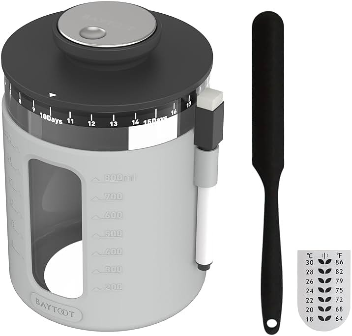 Wide Mouth Sourdough Jar Starter Kit 33 oz - UPGRADED 2026 DESIGN with Reinforced Thick Glass Base - Ideal Sourdough Jar for Fermentation, Airflow Lid, Feeding Marker & Spatula Included (Grey) - Product Image