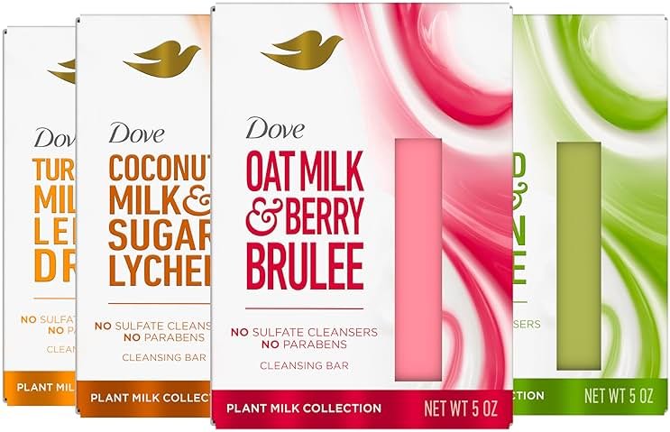 Dove Plant Milk Cleansing Bar Soap Variety Pack 4 Count for Moisturized Skin, with 100% Gentle Cleansers, Sulfate Cleansers, or Parabens + 98% Biodegradable Formula - Product Image