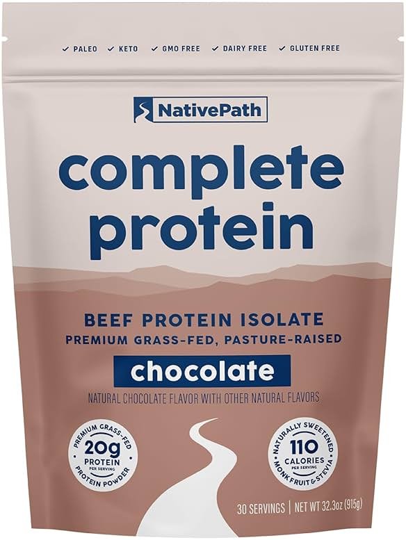 NativePath Beef Protein Powder Chocolate – 20g Grass-Fed Pasture-Raised Isolate with MCTs & Amino Acids – Dairy Free, Zero Sugar, Keto & Paleo, 30 Servings - Product Image