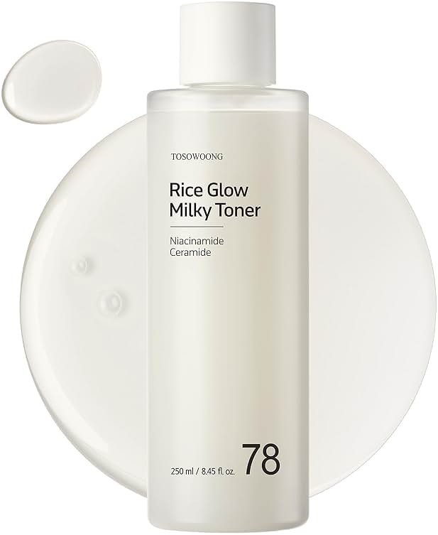 TOSOWOONG Rice Glow Milky Toner with 784,000ppm Korean Rice Water, Niacinamide, Ceramides, Panthenol, Glow, Glass Skin, Hydrating, Purifying, Fragrance-Free, Korean Skin Care, 250ml, 8.45 fl.oz. - Product Image