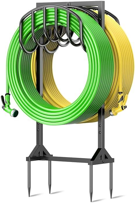 Garden Water Hose Holder Holds 2 * 150Ft Hoses, Heavy-Duty Metal Freestanding Hose Holder with 4 Spikes, Rustproof Garden Hose Reels Hose Hanger Storage for Outside, Yard, Lawn, Farm, Black - Product Image