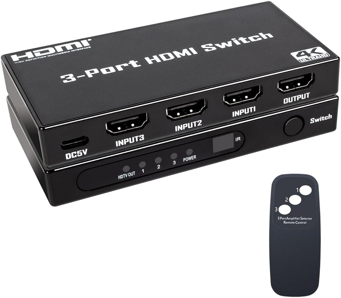 HDMI Switch 3 in 1 Out: 4K@30Hz Ultra HD HDMI Selector with Remote Control, High-Speed 10.2Gbps Transmission, Compatible with PS5, Xbox, Blu-ray, PC, and TV – Plug and Play - Product Image